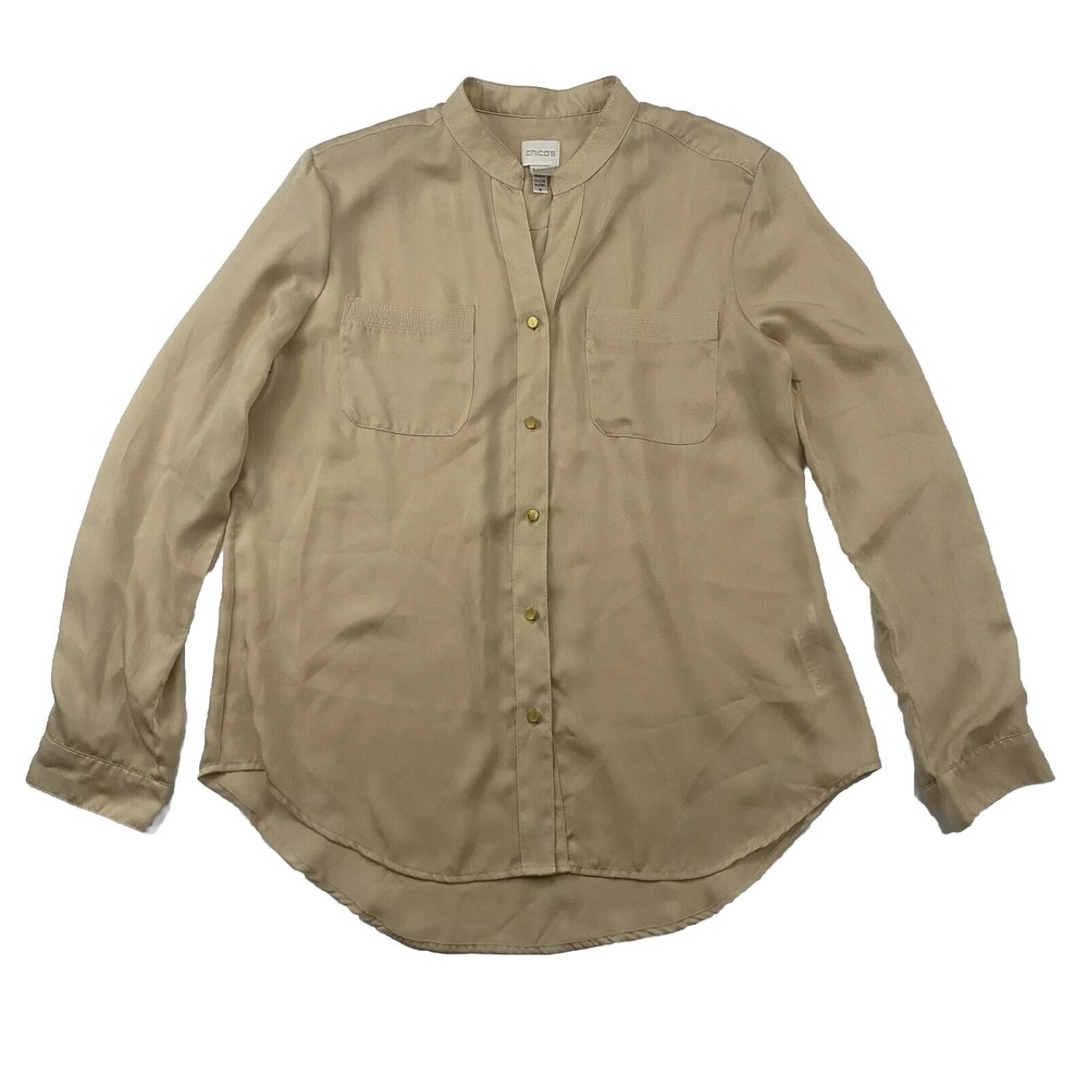 Chicos Gold Satin Button Up Shirt Blouse L/S Semi Sheer Sz M/8 (Chico Sz 1)